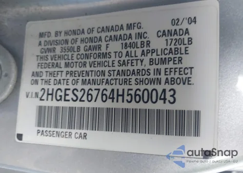 2004 Honda Civic Ex from USA, damaged, VIN 2HGES26764H560043